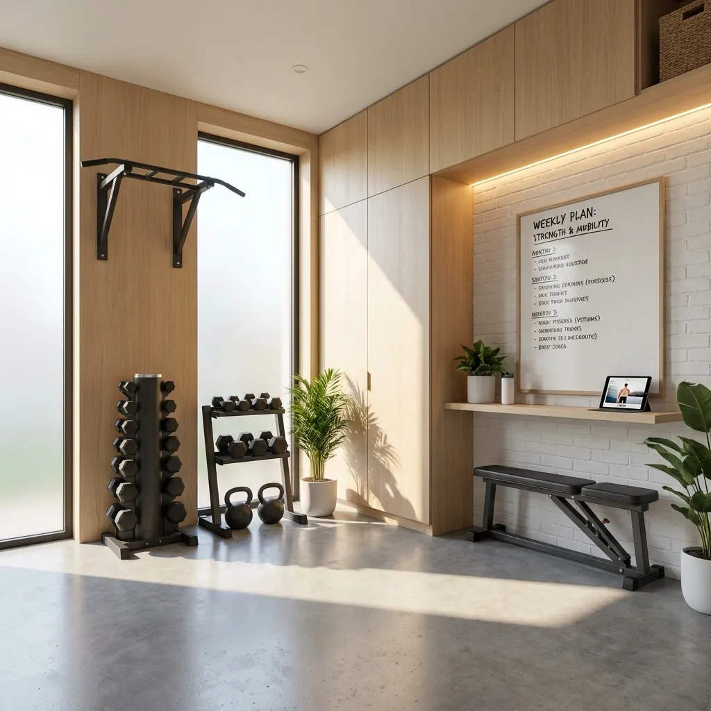 Modern home gym setup in a small apartment space